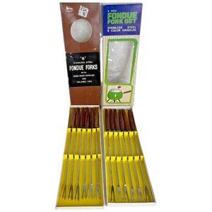 12 Vintage Fondue Forks Stainless Steel Rosewood Wood Handles Color Tips Box Set